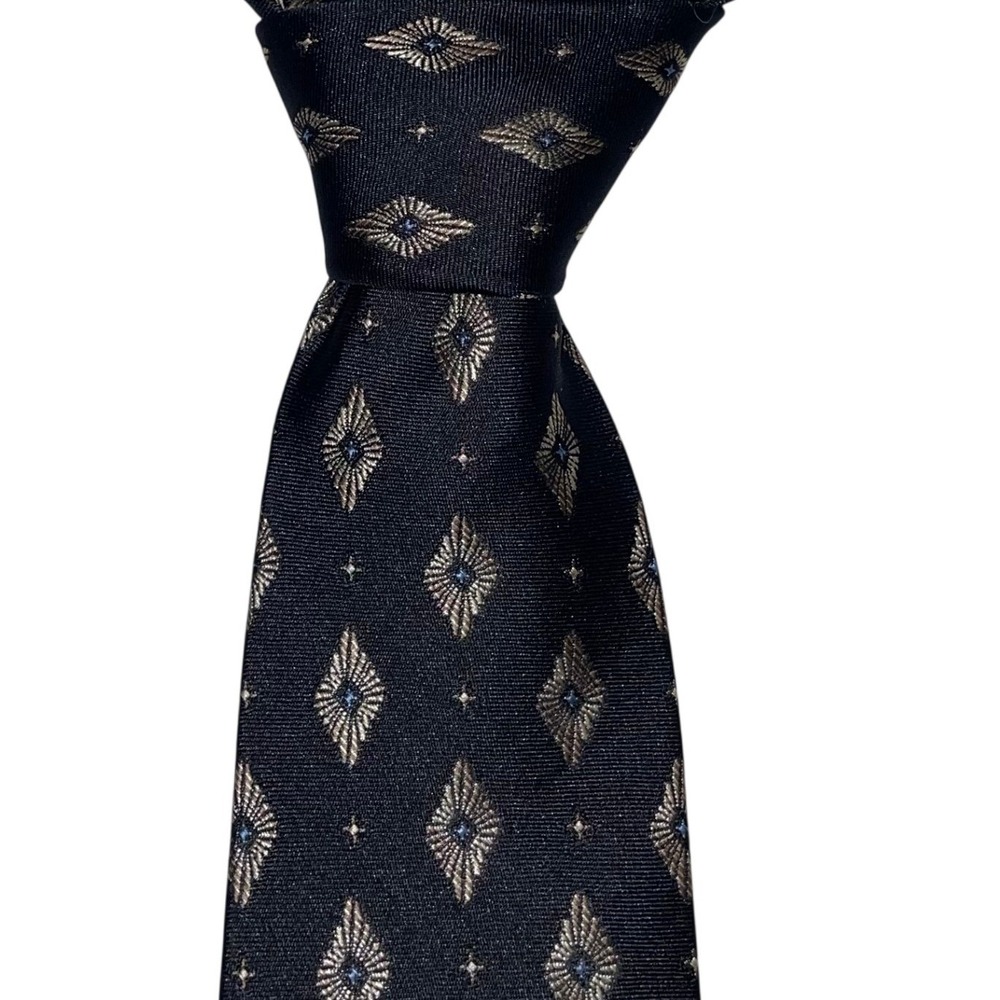 Bellini Mens Geometric Diamond Pattern Black Gold Blue Necktie Hand Made Formal